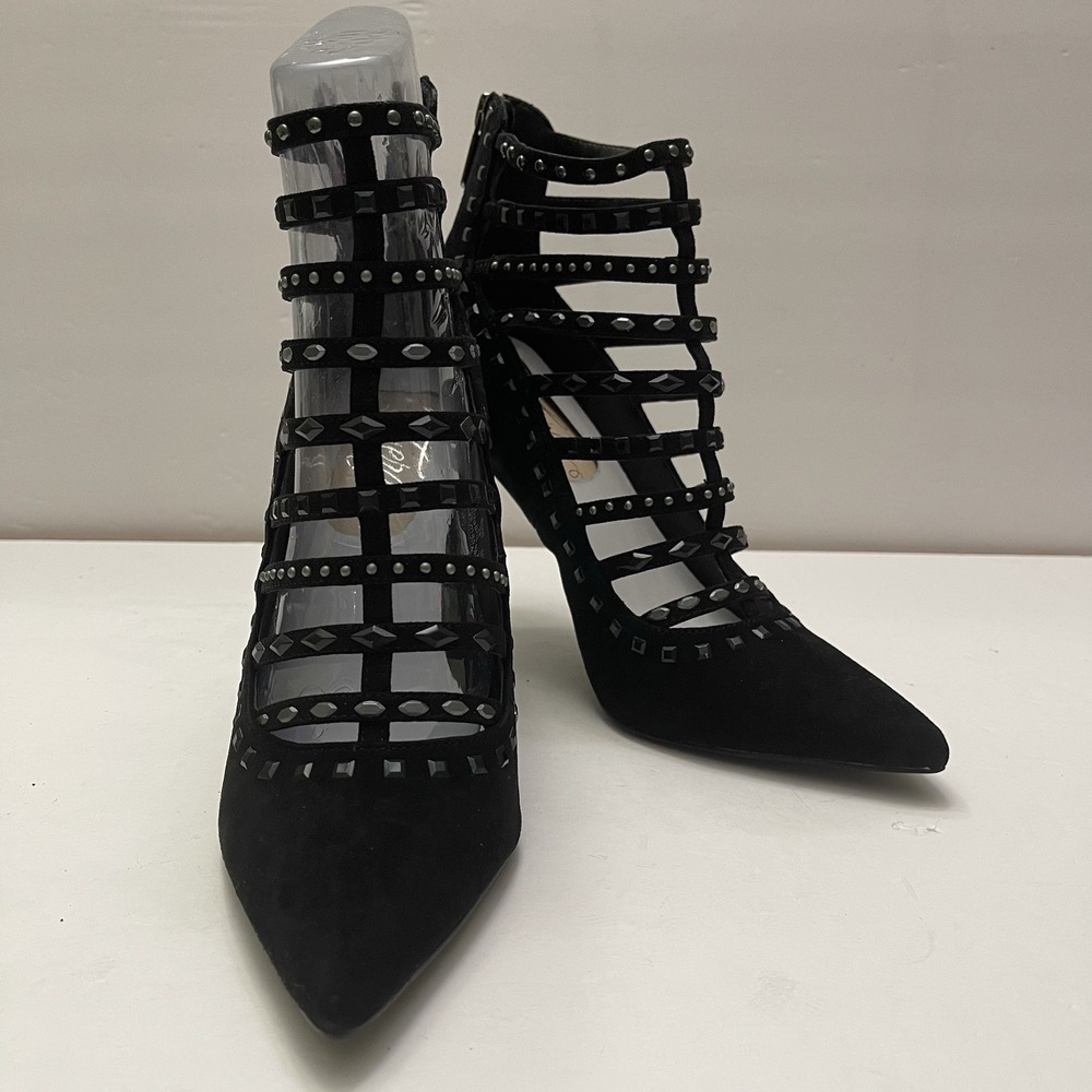 Fergie Aubree Black Stud Straps Suede Pumps Size 8 Zipper‎ Back 4 in Heels NEW